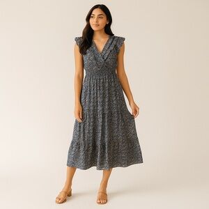 Bohme Blue Floral Ruffle Midi Dress Women’s L  Smocked Waist Flutter Sleeve Boho